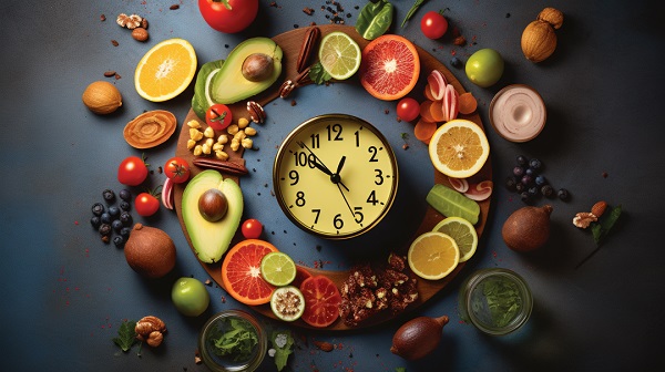 Image of a clock with various Keto foods around it.